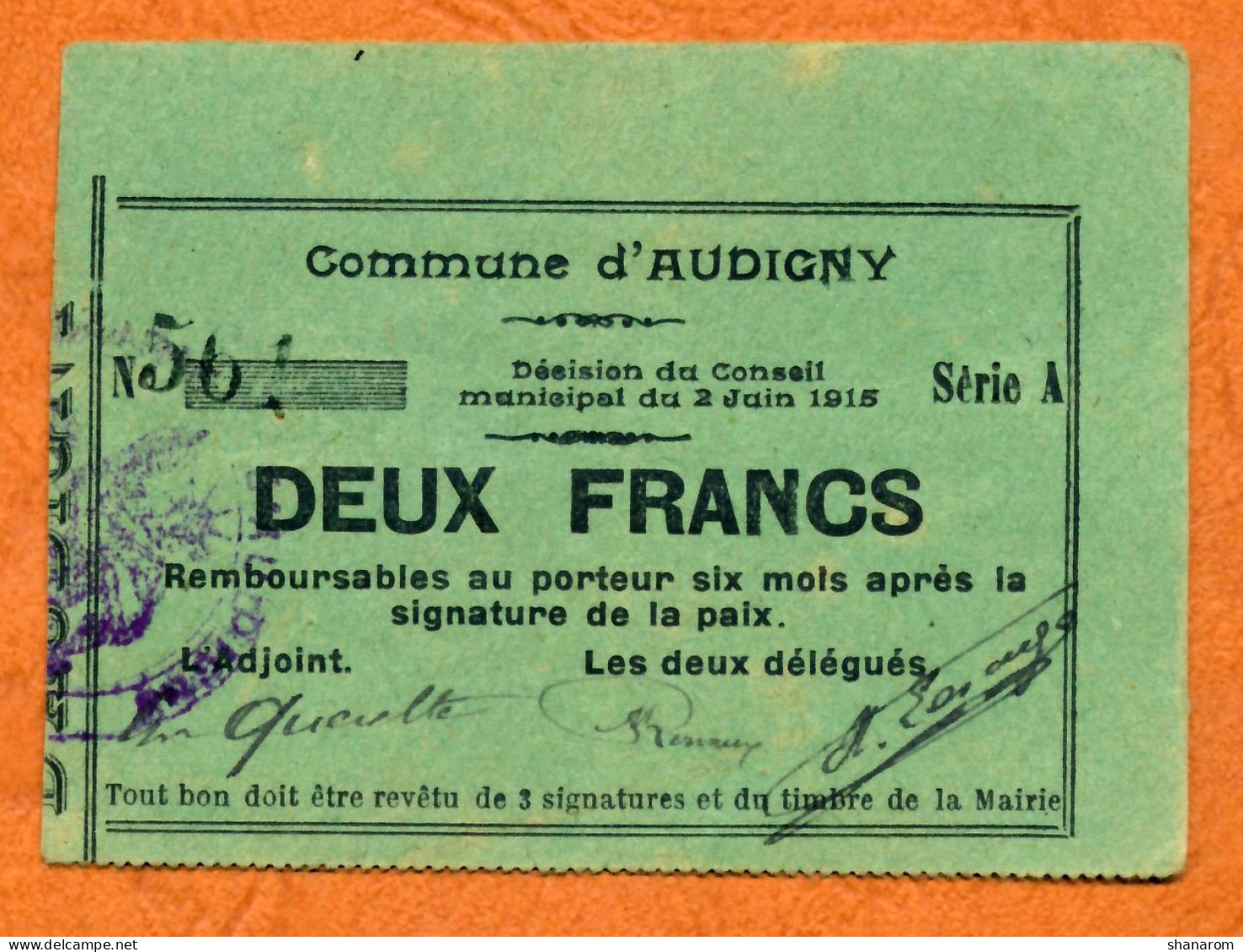 1914-1918 // Commune D'AUDIGNY (Aisne 02) // Juin 1915 // Bon De Deux Francs - Bons & Nécessité