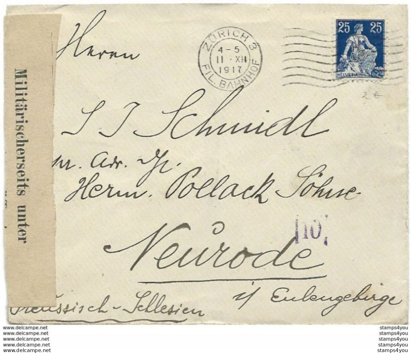 221 - 39 - Enveloppe Envoyée De Suisse En Silésie 1917 - Censure - Guerre Mondiale (Première)