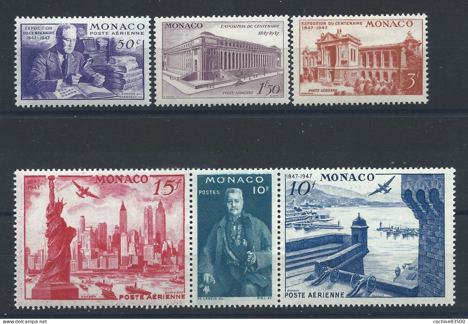 Monaco PA N°22/27* (MH) 1947 - Exposition Du Timbre Américain à New-York - Posta Aerea