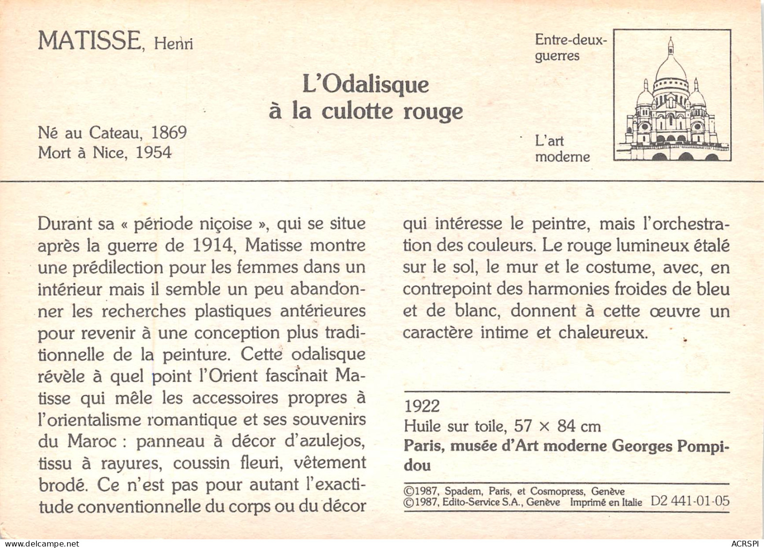 Tableau  MATISSE L'odalisque à La Culotte Rouge  43 (scan Recto Verso)MF2742UND - Peintures & Tableaux