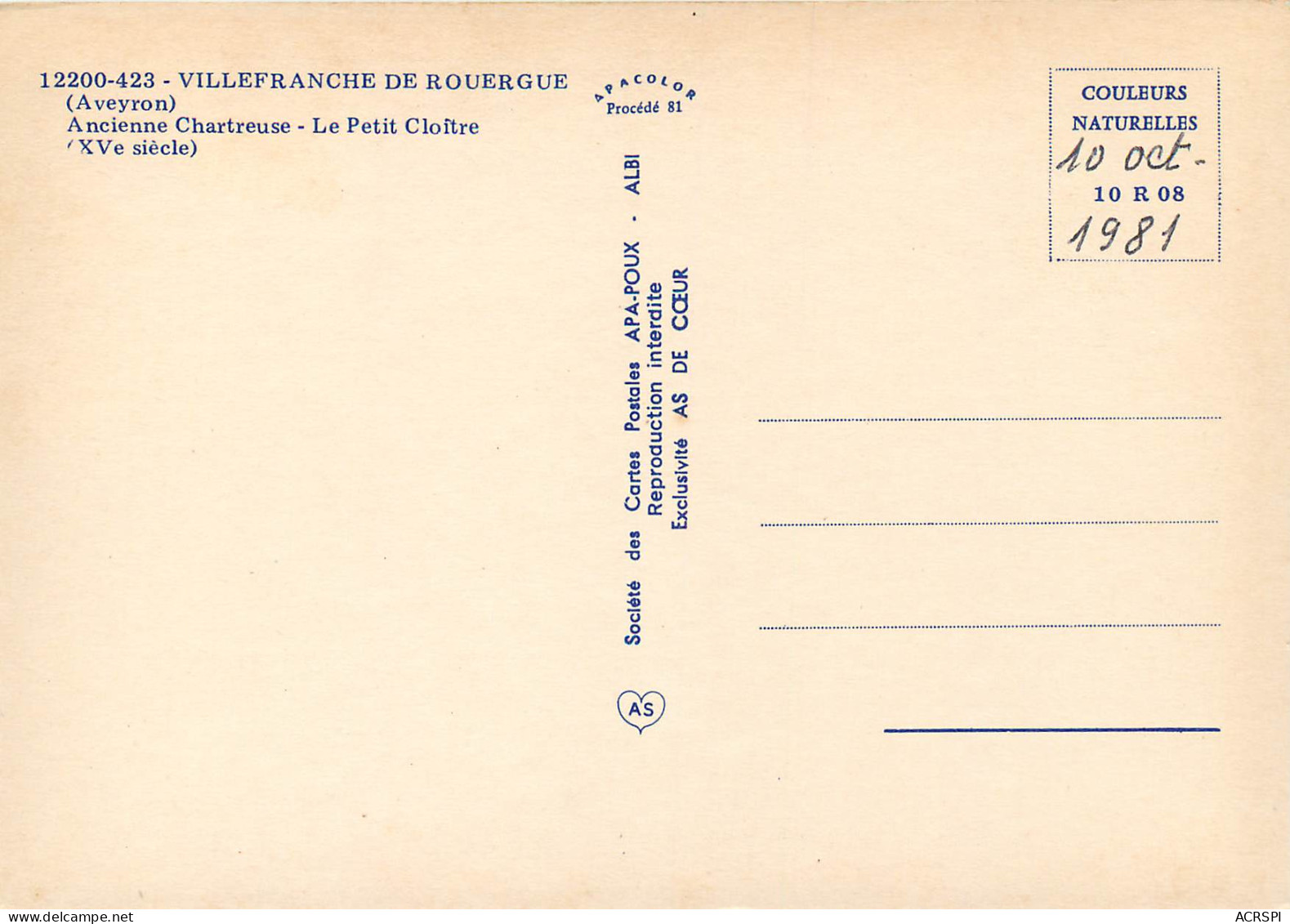 VILLEFRANCHE DE ROUERGUE Ancienne Chartreuse Le Petit Cloitre 7(scan Recto Verso)MF2750 - Villefranche De Rouergue