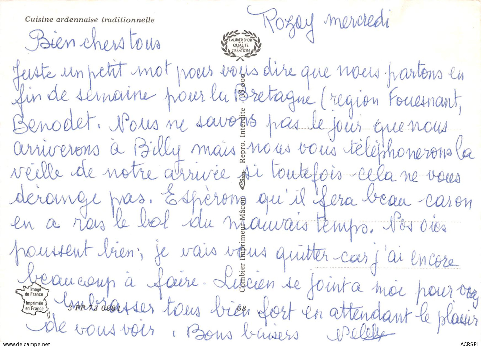 08 Rozay Cuisine Ardennaise Traditionnelle  9 (scan Recto Verso)MF2750BIS - Revin