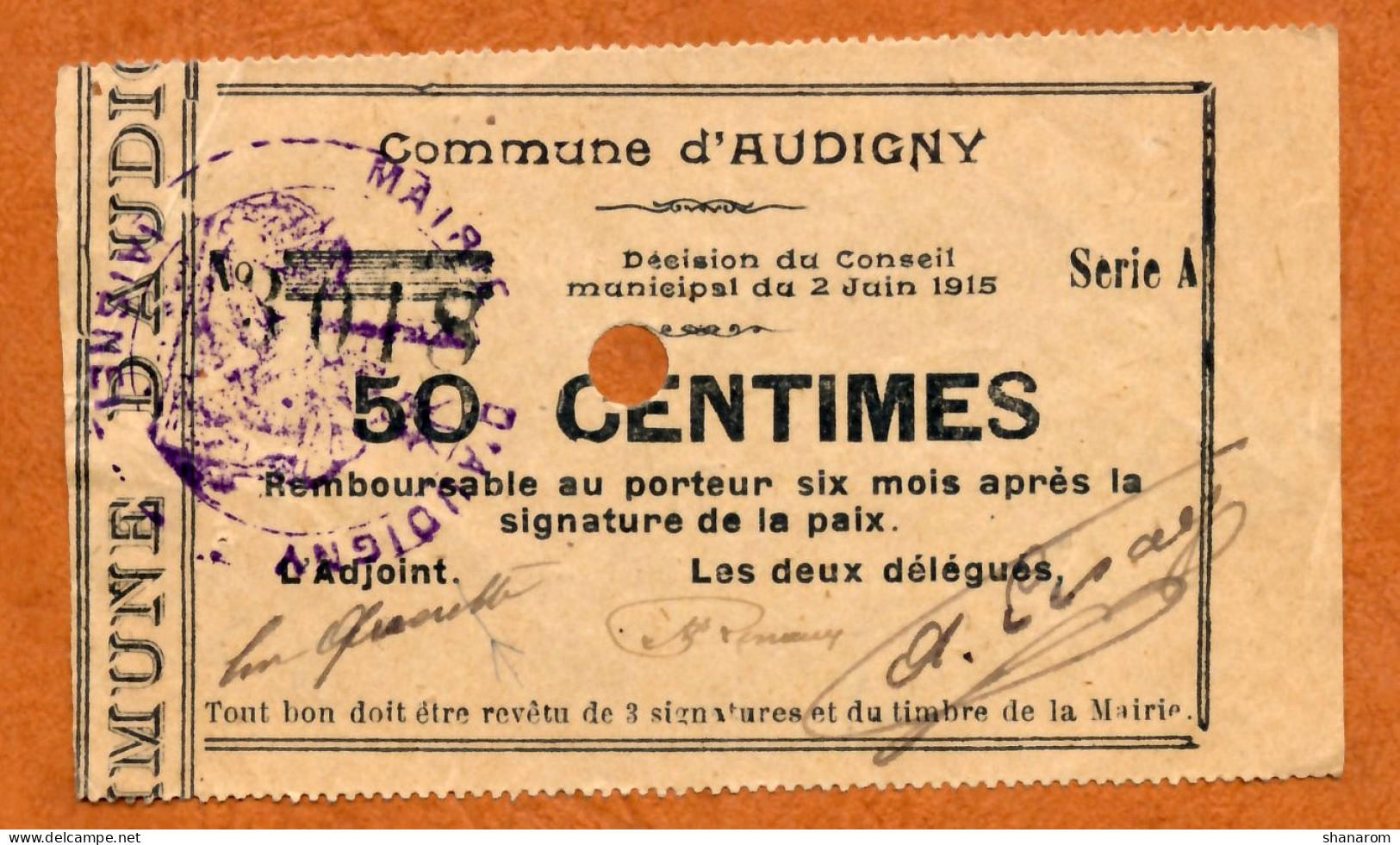 1914-1918 // Commune D'AUDIGNY (Aisne 02) // Juin 1915 // Bon De Cinquante Centimes // Annulé - Bons & Nécessité