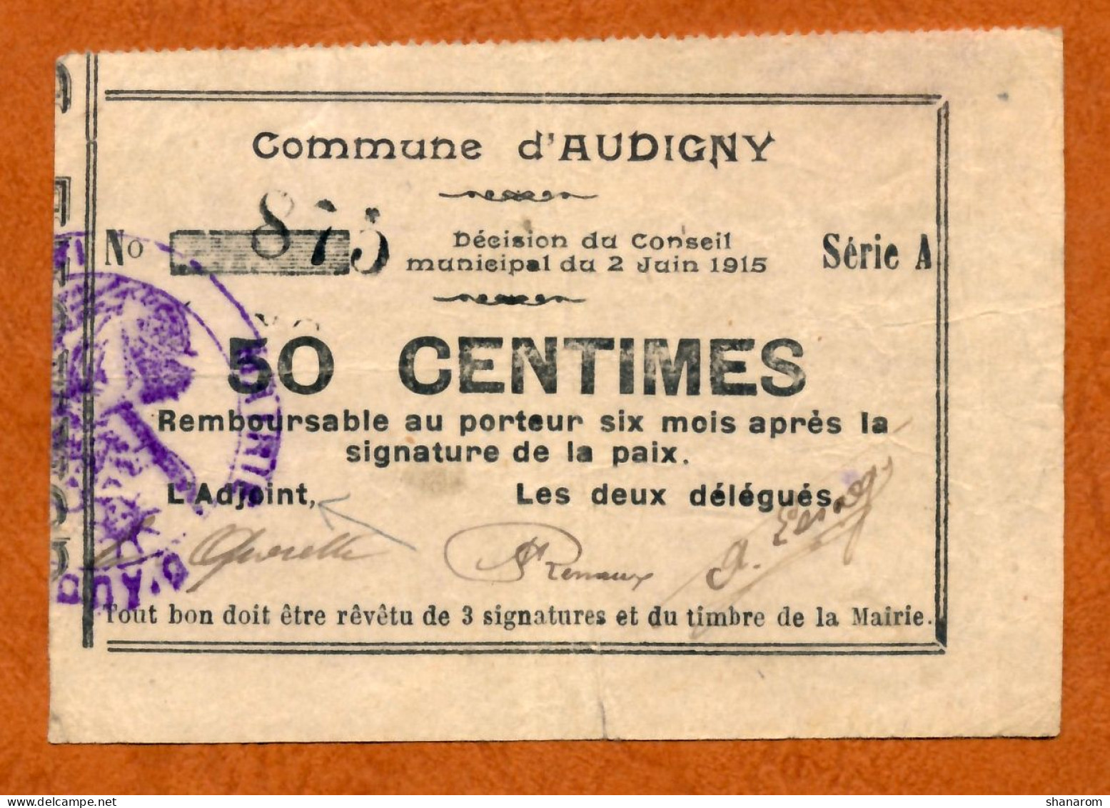1914-1918 // Commune D'AUDIGNY (Aisne 02) // Juin 1915 // Bon De Cinquante Centimes - Bons & Nécessité