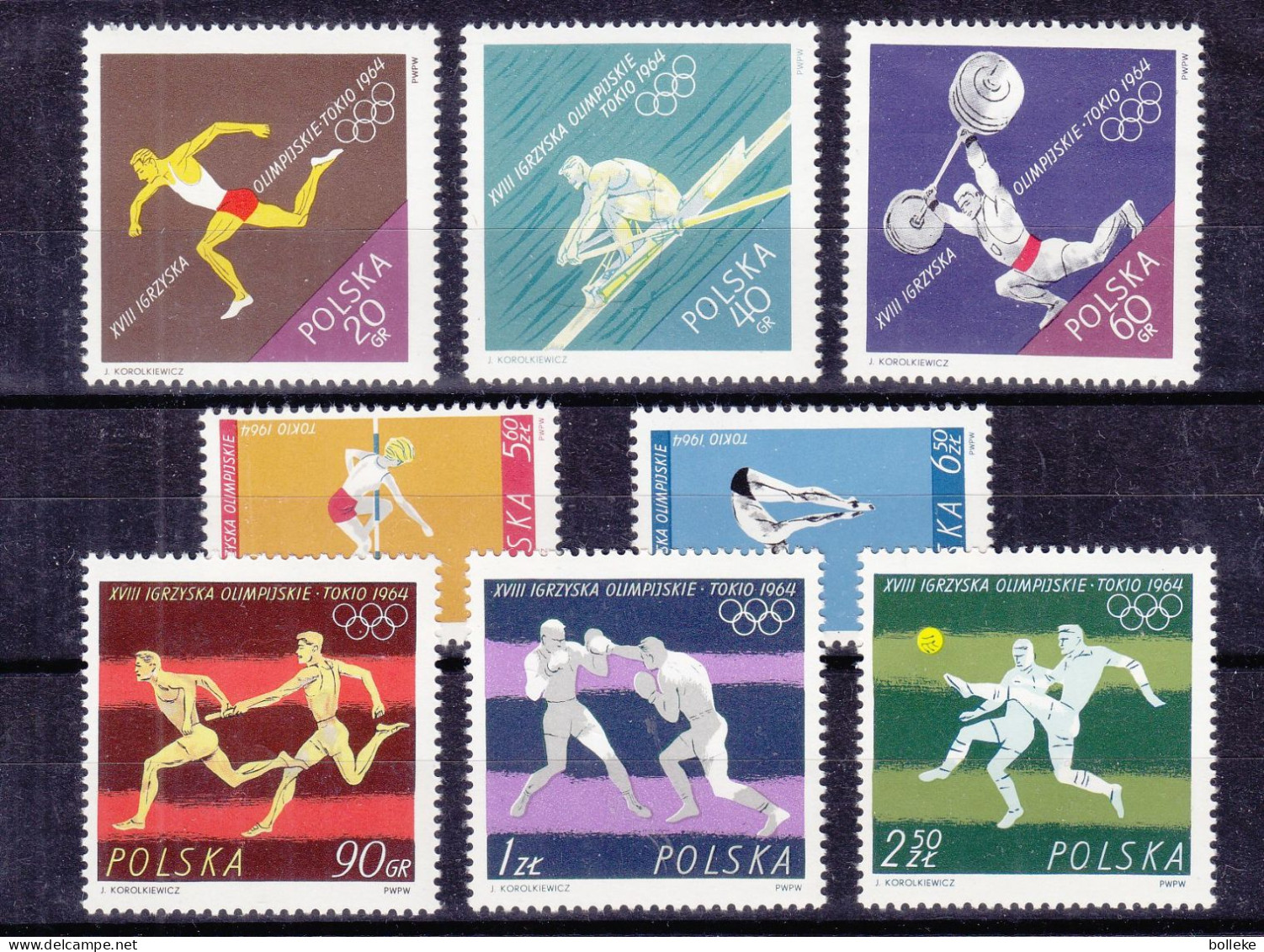 Jeux Olympiques - Tokyo 64 - Pologne - Yvert 1370 / 7 ** - Aviron - Haltérophilie - Relais - Boxe - Football - Plongeon - Ete 1964: Tokyo