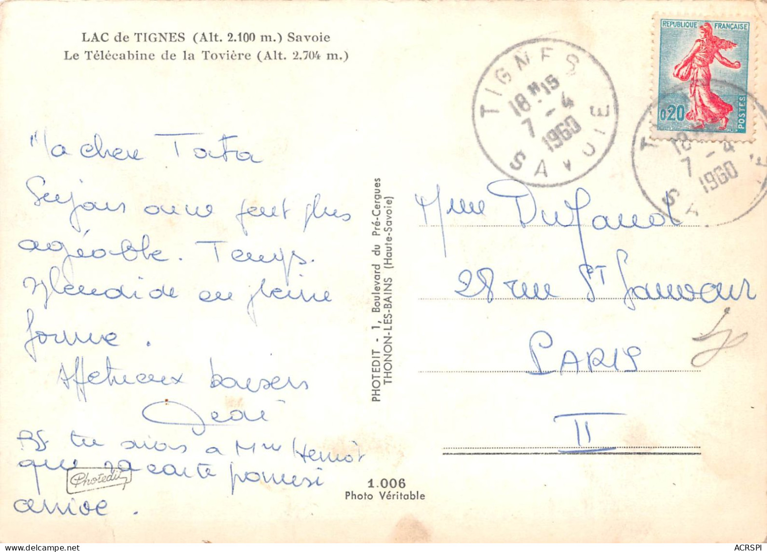 73 TIGNES Le Télécabine De La Tovière  (scan R/V)  50 \PC1203 - Val D'Isere