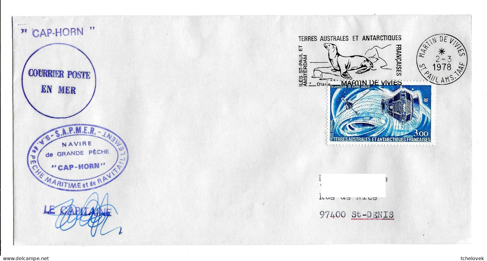 FSAT TAAF Cap Horn Sapmer 02.03.78 SPA T. 3.00 Satellites (1) - Lettres & Documents