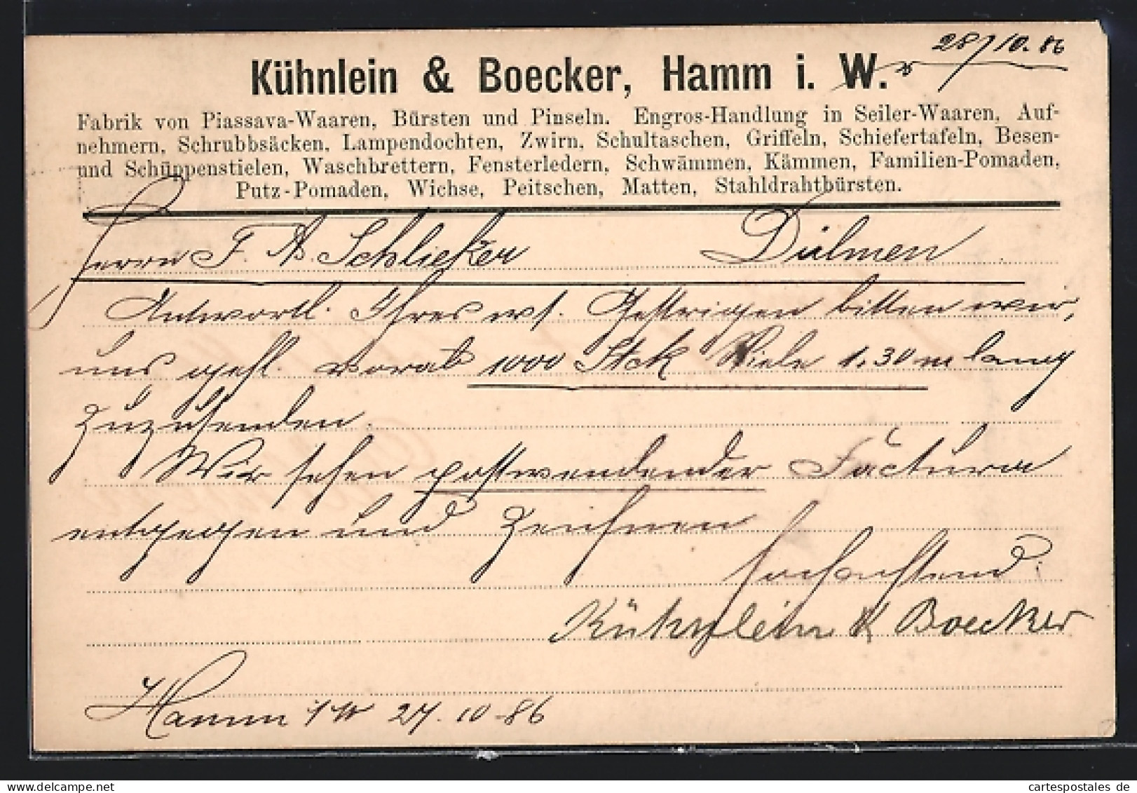 AK Hamm I. W., Korrespondenzkarte Der Firma Kühnlein & Boecker  - Hamm