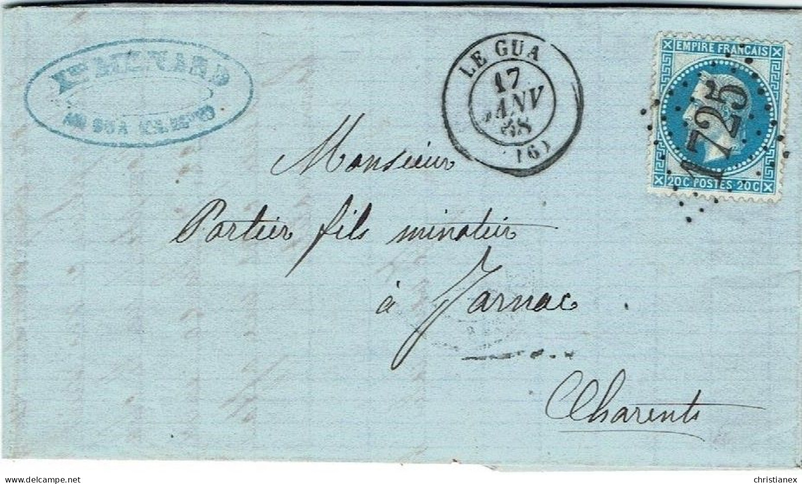 YT N° 29 Empire Dentelé 20c Bleu Sur LAC De LE GUA à JARNAC 17-1-1868 - 1863-1870 Napoléon III. Laure