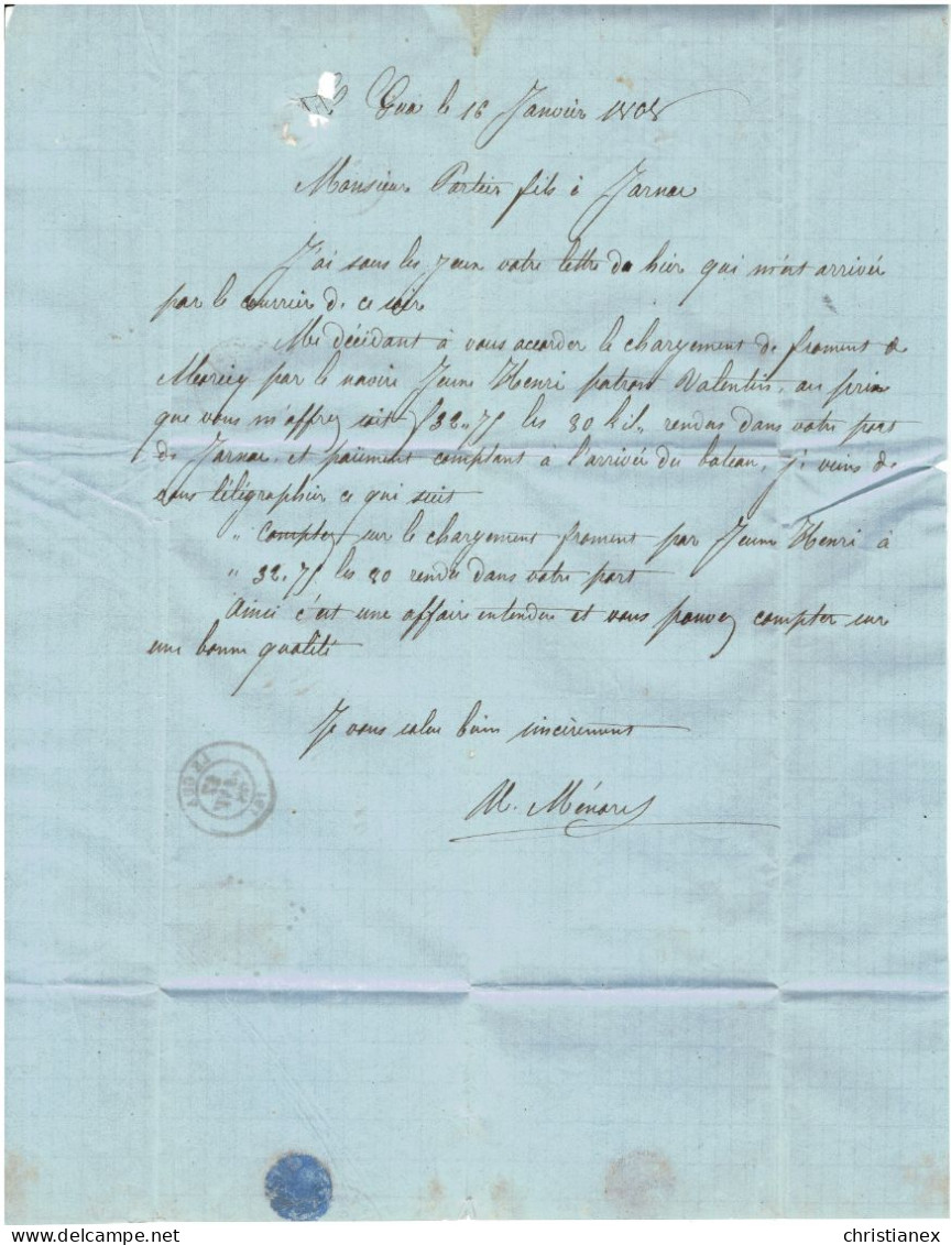 YT N° 29 Empire Dentelé 20c Bleu Sur LAC De LE GUA à JARNAC 17-1-1868 - 1863-1870 Napoléon III. Laure