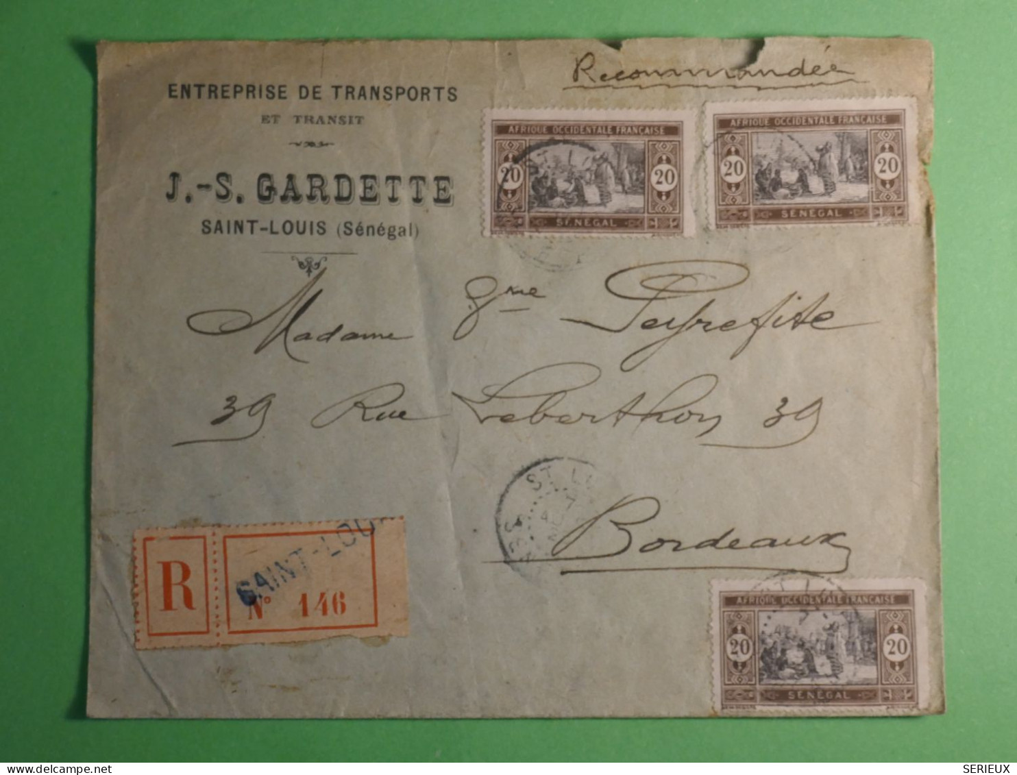 DN20 SENEGAL   LETTRE RECO  1923  ST LOUIS   A BORDEAUX   ++ AFF.   INTERESSANT+ ++++ - Storia Postale