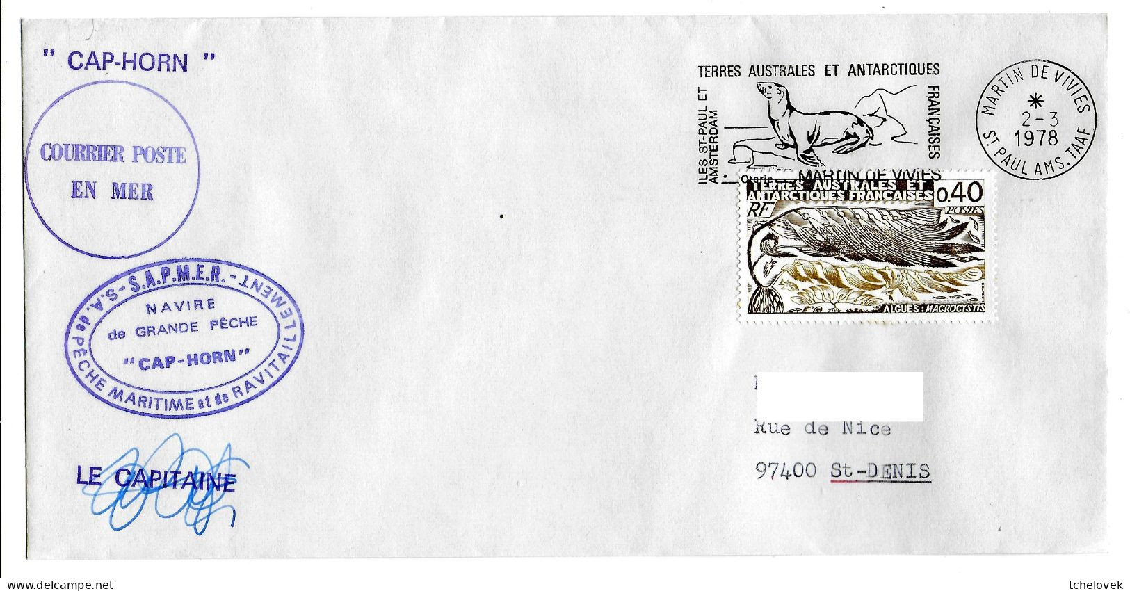 FSAT TAAF Cap Horn Sapmer 02.03.78 SPA T. 0.40 Algues (2) - Lettres & Documents