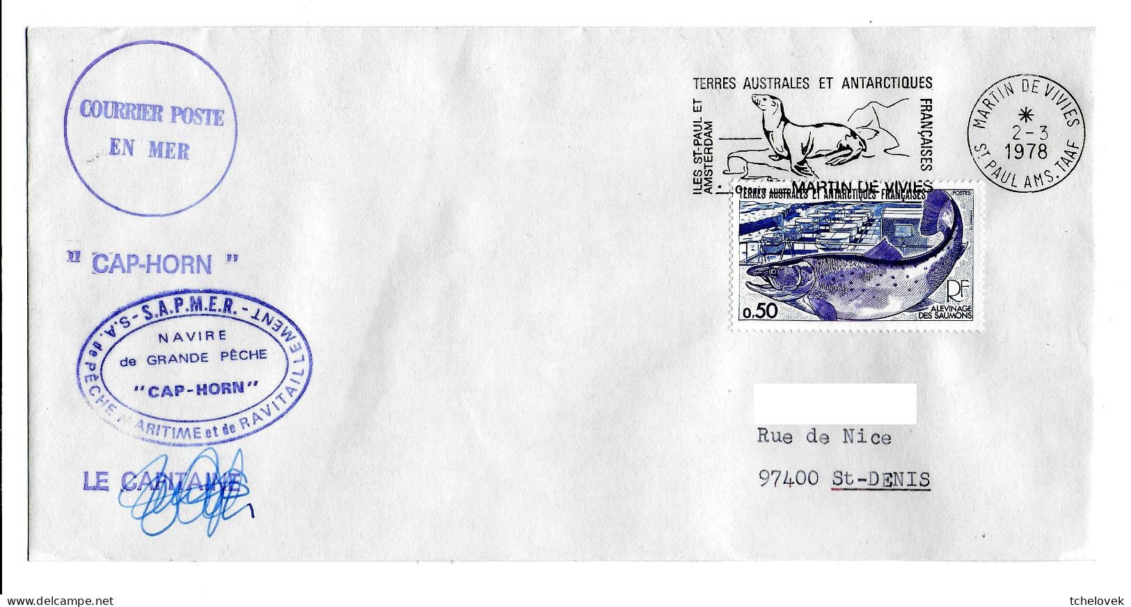 FSAT TAAF Cap Horn Sapmer 02.03.78 SPA T. 0.50 Saumon (2) - Lettres & Documents