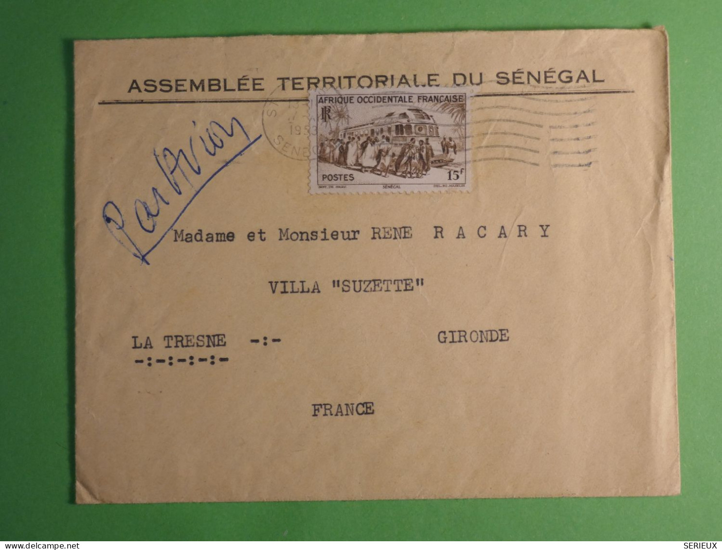 DN20 SENEGAL AOF   LETTRE ASSEMBLEE NATIONALE 1953  A LA FRESNE +S + AFF.   INTERESSANT+ ++++ - Cartas & Documentos