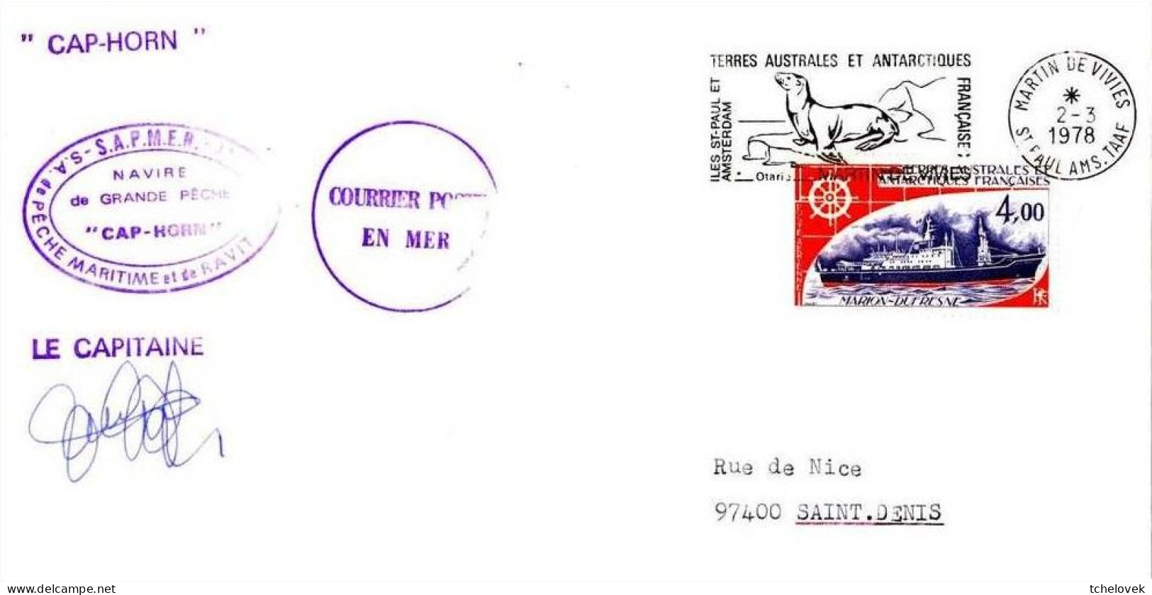 FSAT TAAF Cap Horn Sapmer 02.03.78 SPA Timbre Marion Dufresne (1) - Briefe U. Dokumente