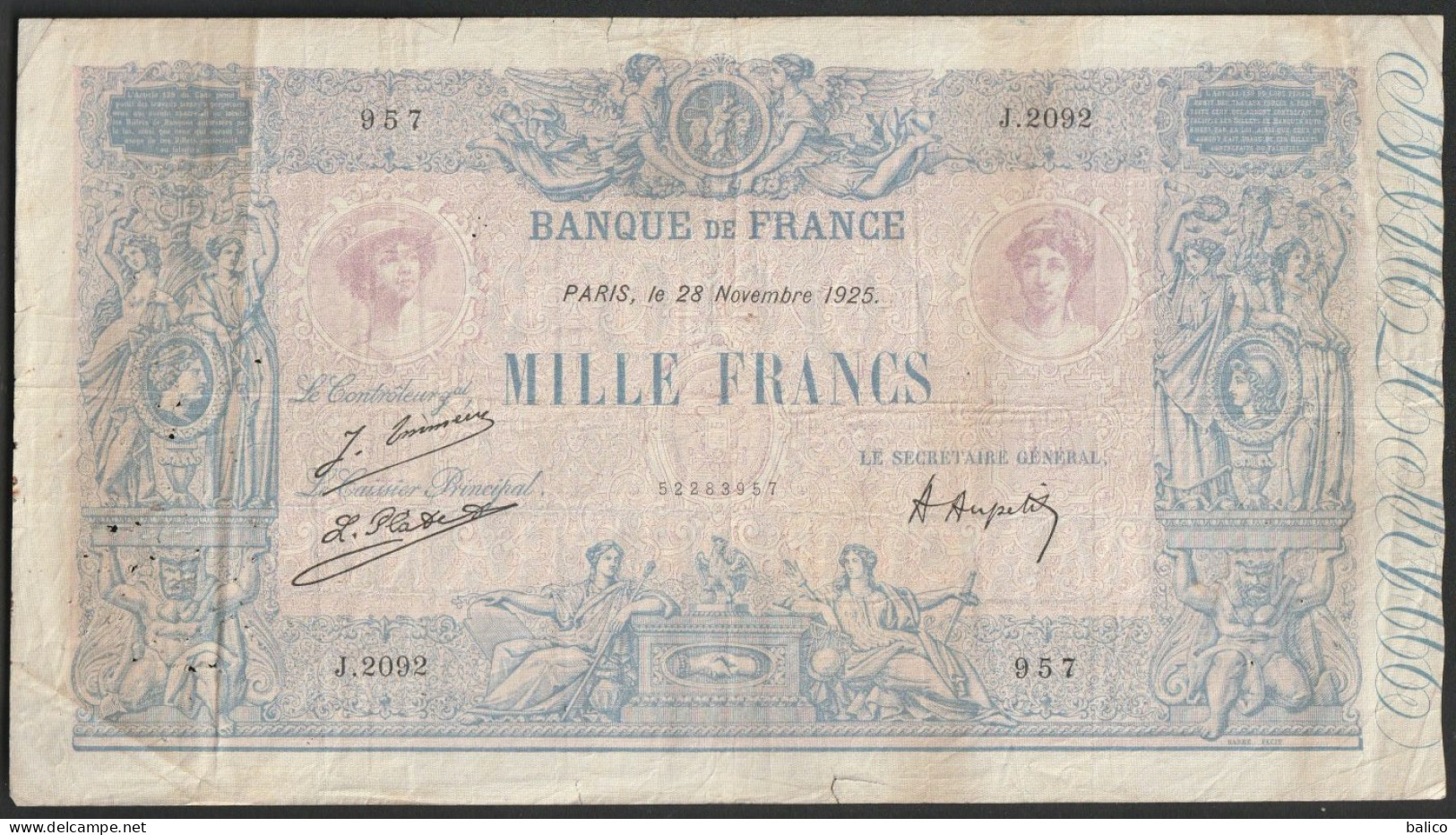 France, 1000 Francs, ''Bleu Et Rose'', 28 Novembre 1925 - J.2092 - 957 - 1 000 F 1889-1926 ''Bleu Et Rose''