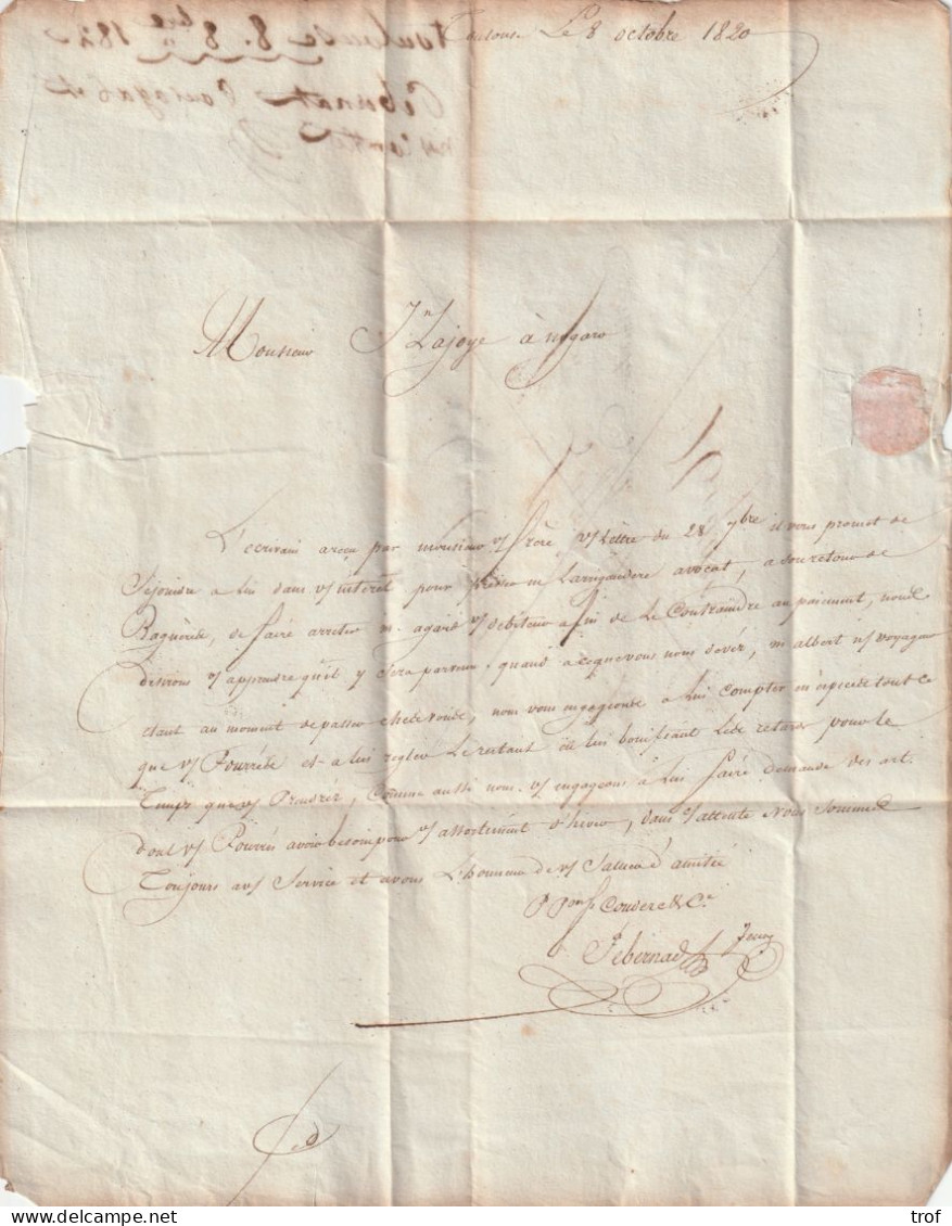 Marque Postale 30/TOULOUSE Du 8 Octobre 1820 Pour Le Directeur De La Poste Aux Lettres De Nogaro. Franchise Par Destinat - 1801-1848: Vorläufer XIX