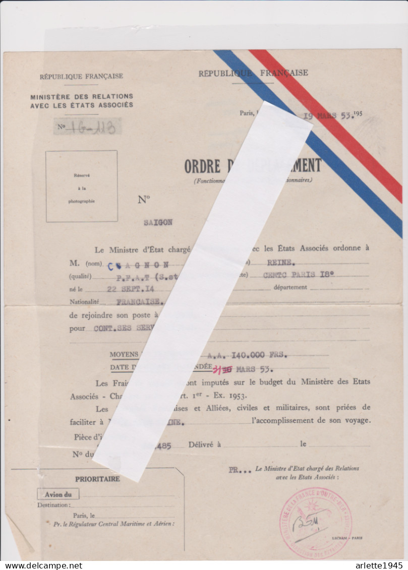 VIETNAM ORDRE DE MOBILISATION INFIRMIERE  POSTE A SAIGON 1953 - Documents