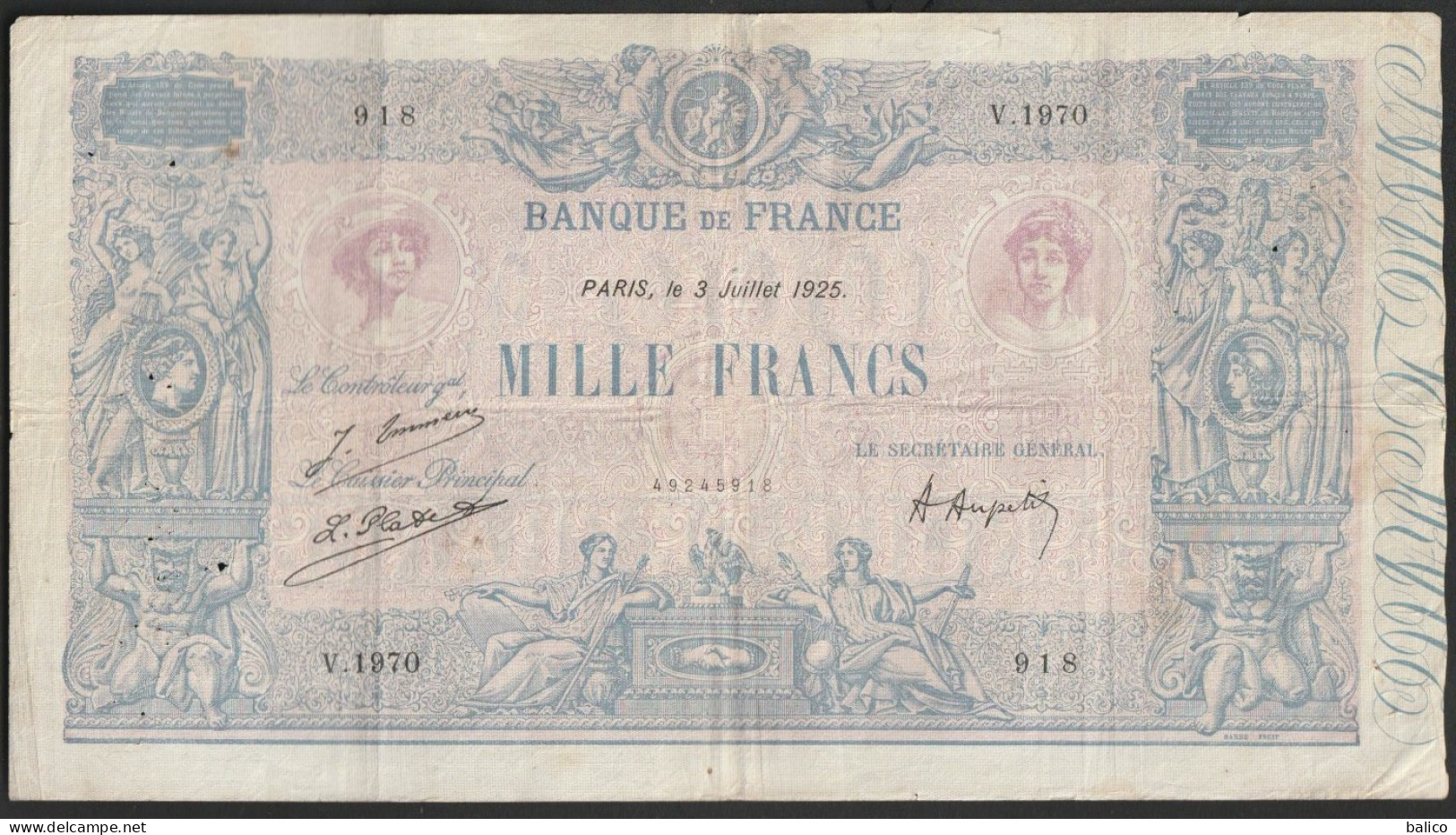 France, 1000 Francs, ''Bleu Et Rose'', 3 Juillet 1925 - V.1970 - 918 - 1 000 F 1889-1926 ''Bleu Et Rose''