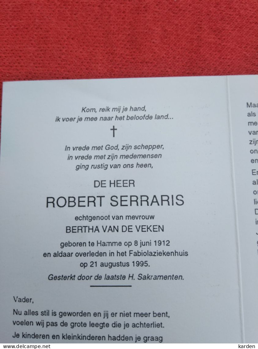 Doodsprentje Robert Serraris / Hamme 8/6/1912 - 21/8/1995 ( Bertha Van De Veken ) - Religion & Esotérisme
