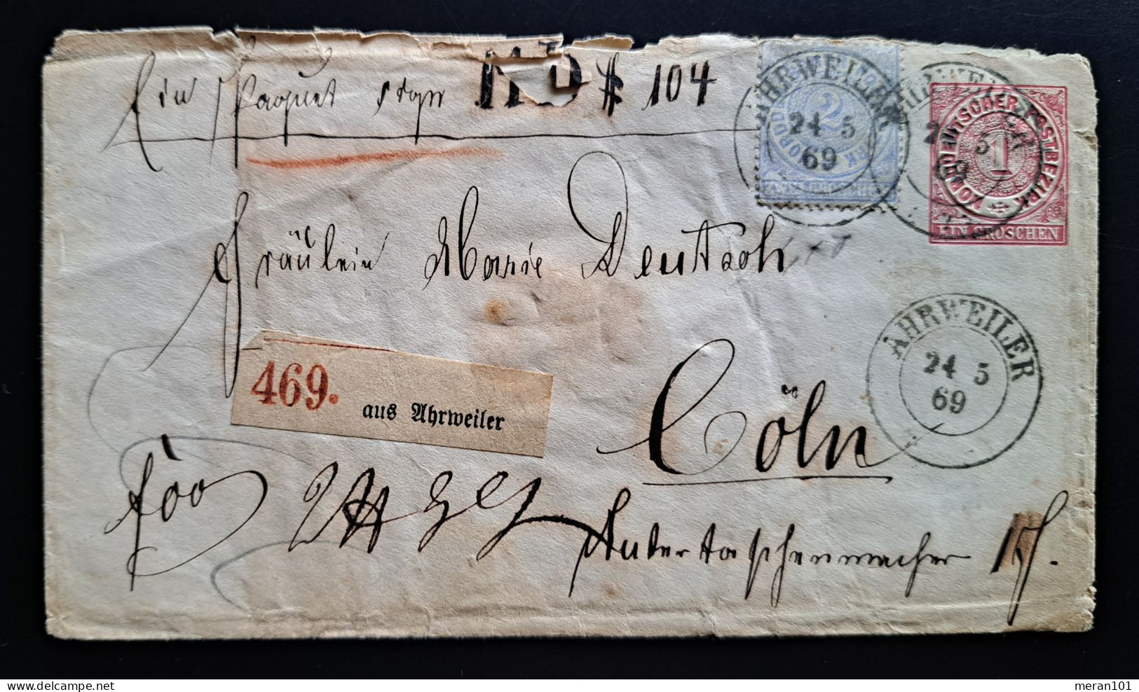 Norddeutscher Postbezirk 1869, Umschlag "PD" AHRWEILER Nach KÖLN Mi U1 Ohne Überdruck Leitzettel - Storia Postale