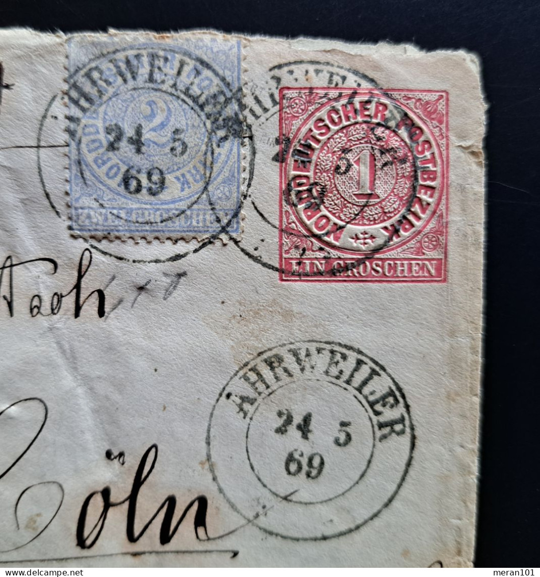 Norddeutscher Postbezirk 1869, Umschlag "PD" AHRWEILER Nach KÖLN Mi U1 Ohne Überdruck Leitzettel - Cartas & Documentos