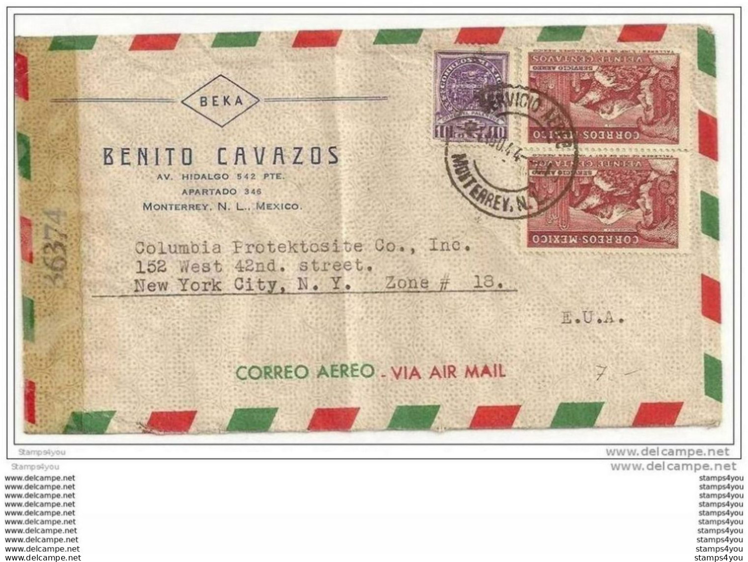 16 - 73 - Lettre Envoyée De Monterrey / Mexique A New York 1944 - Censure - Attention :  Pli Vertical - WO2