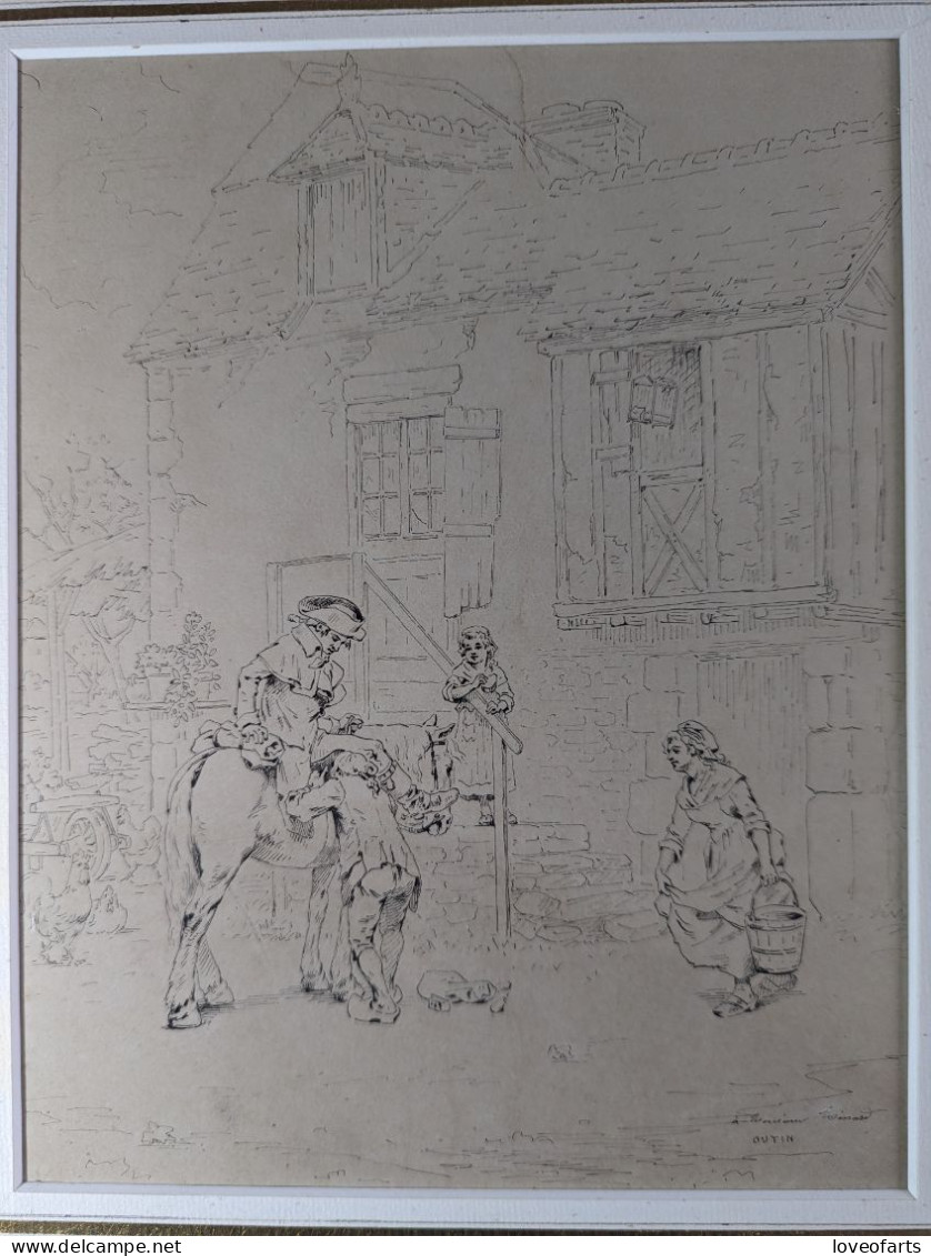 TABLEAU - PIERRE OUTIN (1840-1899) , CAVALIER DANS UNE COUR DE FERME - Dibujos