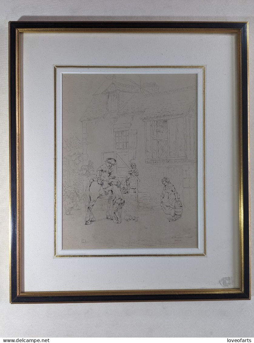 TABLEAU - PIERRE OUTIN (1840-1899) , CAVALIER DANS UNE COUR DE FERME - Drawings