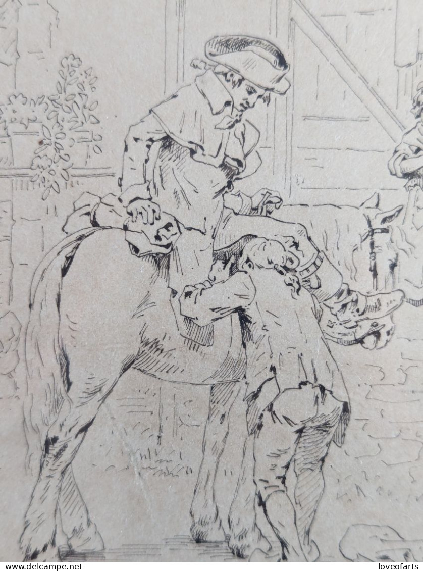 TABLEAU - PIERRE OUTIN (1840-1899) , CAVALIER DANS UNE COUR DE FERME - Dibujos