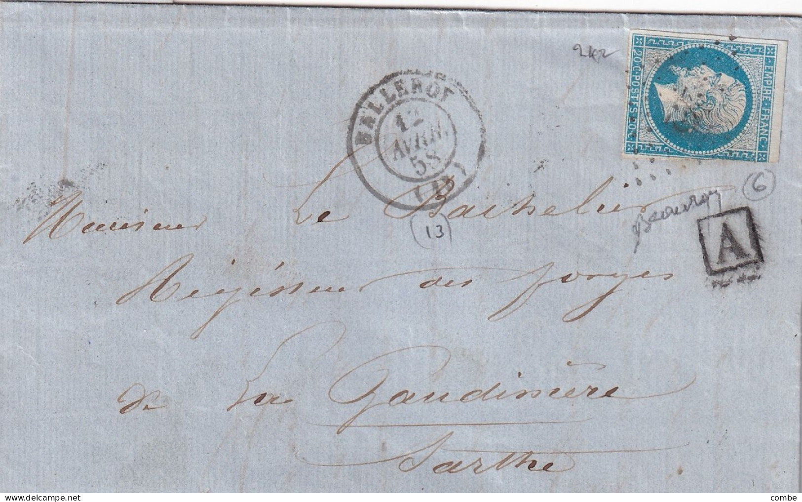 LETTRE. 12 AVRIL 58. N° 14. BALLEROY. CALVADOS. PC 242. BOITE URBAINE A. POUR LA GAUDINIERE - 1849-1876: Classic Period