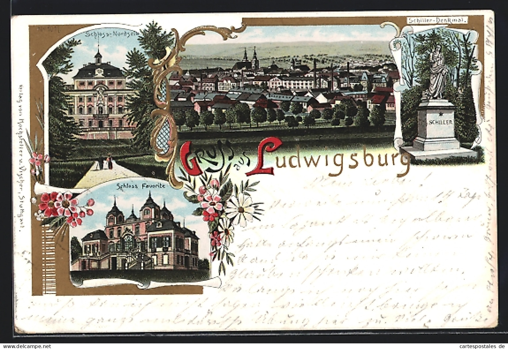 Lithographie Ludwigsburg / Württ., Schloss-Nordseite, Schloss Favorite, Schiller-Denkmal  - Ludwigsburg