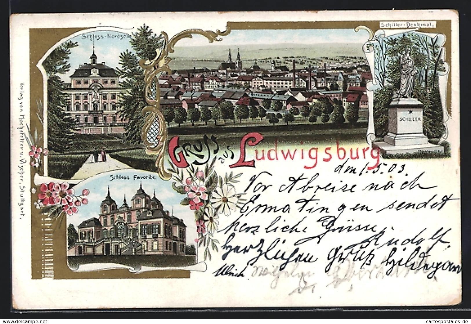 Lithographie Ludwigsburg, Schloss Favorite, Gesamtansicht, Schillerdenkmal  - Ludwigsburg