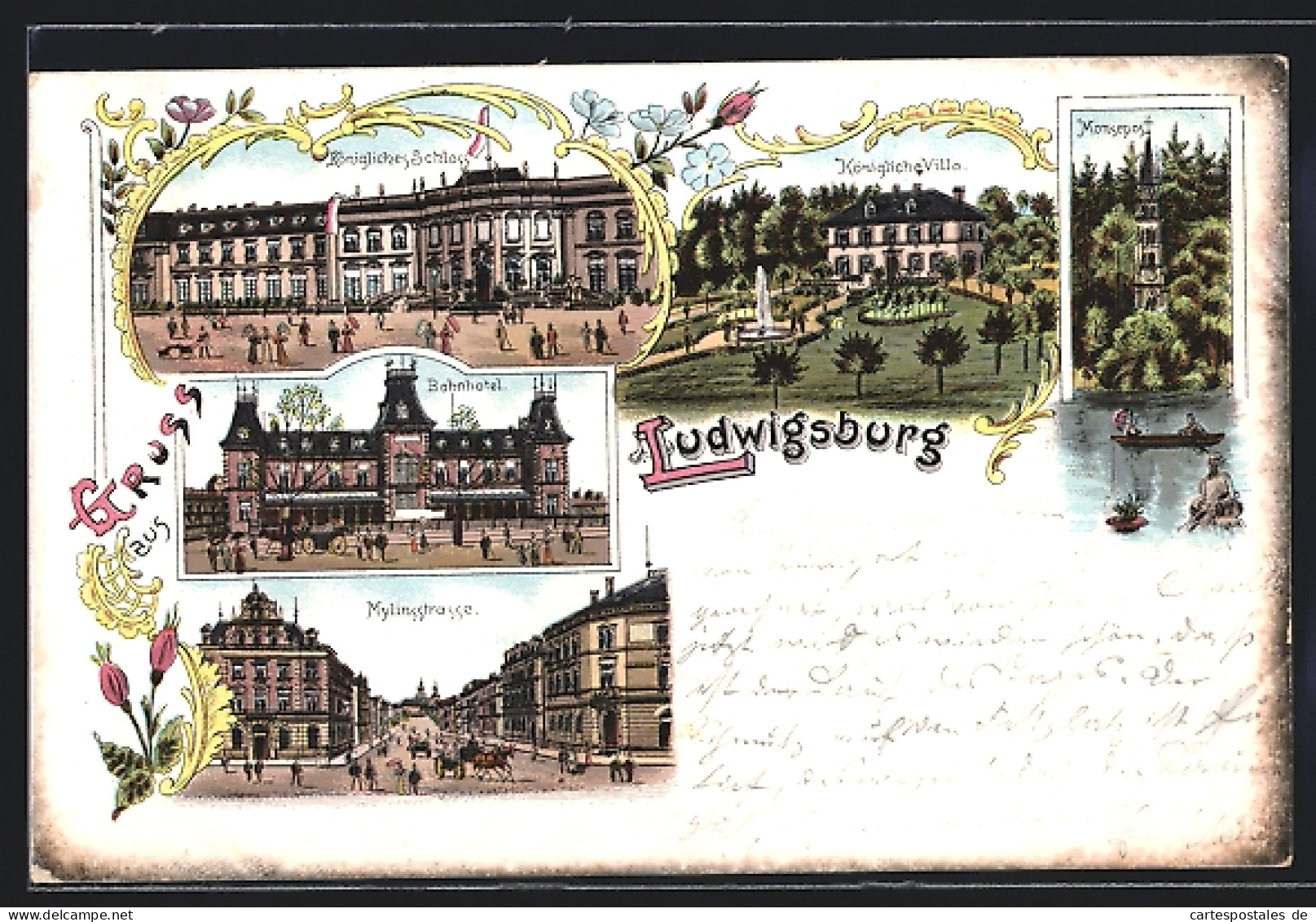Lithographie Ludwigsburg / Württ., Mylinsstrasse, Bahnhotel, Königliches Schloss, Königliche Villa, Monsepost  - Ludwigsburg