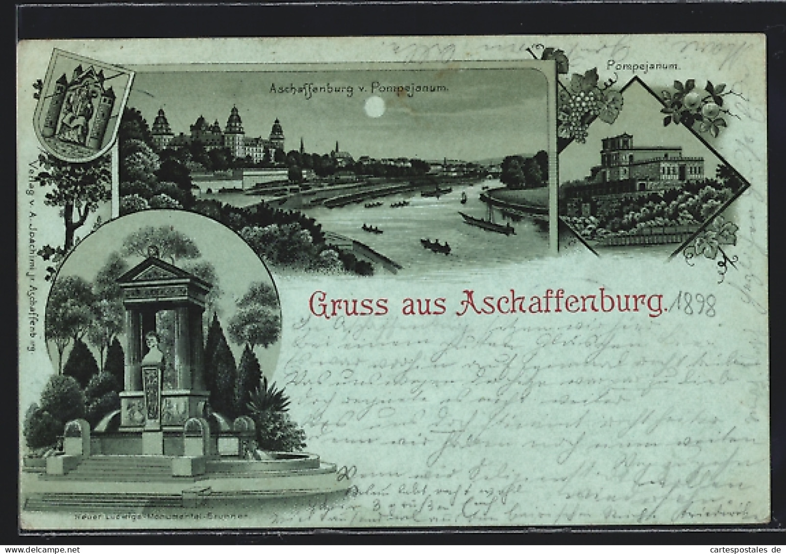 Mondschein-Lithographie Aschaffenburg, Neuer Ludwigs-Monumental-Brunnen, Pompejanum  - Aschaffenburg
