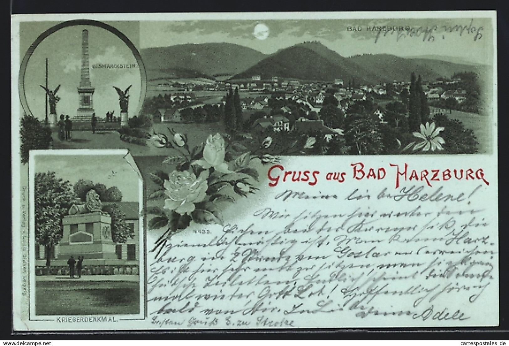 Mondschein-Lithographie Bad Harzburg, Bismarckstein, Kriegerdenkmal, Gesamtansicht Aus Der Vogelschau  - Bad Harzburg