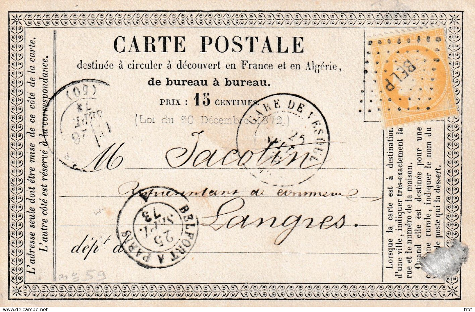 Losange BELP Sur N° 59, TAD Gare De Vesoul  Du 25 Sept 1873 Et Belfort à Paris A Du 25 Sept 1873 - Spoorwegpost