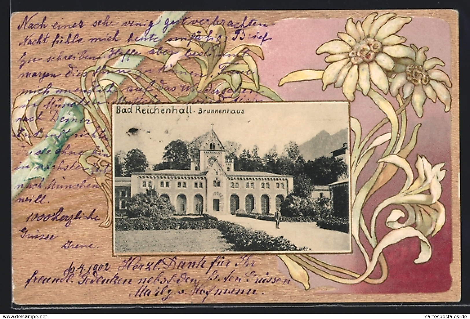 AK Bad Reichenhall, Das Brunnenhaus, Geprägtes Florales Passepartout  - Bad Reichenhall