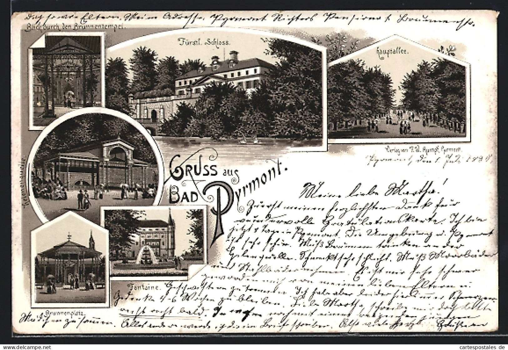 Vorläufer-Lithographie Bad Pyrmont, 1895, Hauptallee, Brunnenquelle, Brunnenplatz, Helenenquelle, Fürstl. Schloss  - Bad Pyrmont
