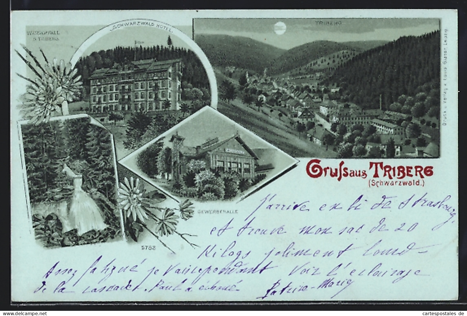 Mondschein-Lithographie Triberg /Schwarzwald, Hotel, Gewerbehalle, Wasserfall, Gesamtansicht Im Tal  - Triberg