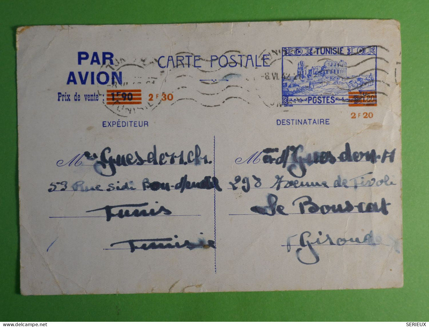 DN20  TUNISIE  CARTE ENTIER  1942 +LE BOUSCAT FRANCE+ AFF.   INTERESSANT+ ++++ - Brieven En Documenten