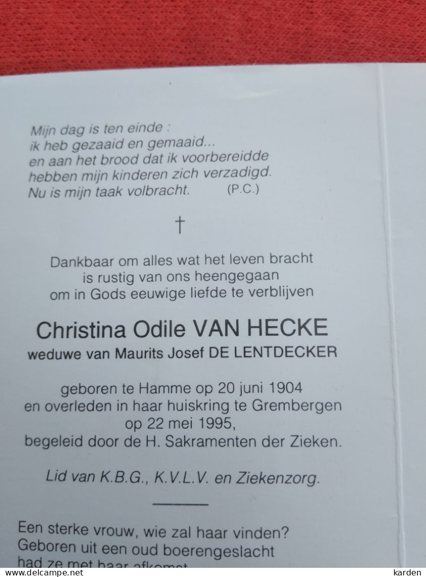 Doodsprentje Christina Odile Van Hecke / Hamme 20/6/1904 Grembergen 22/5/1995 ( Maurits Josef De Lentdecker ) - Religion &  Esoterik