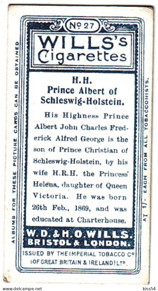 RF 17 - 27 Prince Albert John Charles Of Schleswig-Holstein, Germany - WILLI'S CIGARETTES - 1916 ( 68/36 Mm ) - Familles Royales