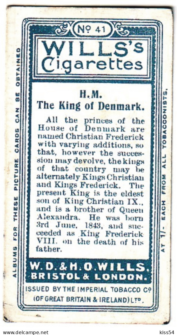 RF 17 - 41 King Christian Frederick VIII Of Denmark - WILLI'S CIGARETTES - 1916 ( 68 / 36 Mm ) - Royal Families