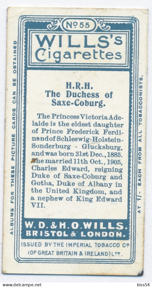 RF 17 - 55 Princess Victoria Adelaide, The Duchess Of Saxe-Coburg - Germany - WILLI'S CIGARETTES - 1916 ( 68 / 36 Mm ) - Königshäuser