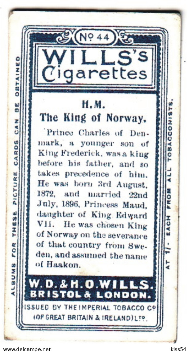 RF 17 - 44 King Haakon Of Norway - WILLI'S CIGARETTES - 1916 ( 68 / 36 Mm ) - Familles Royales