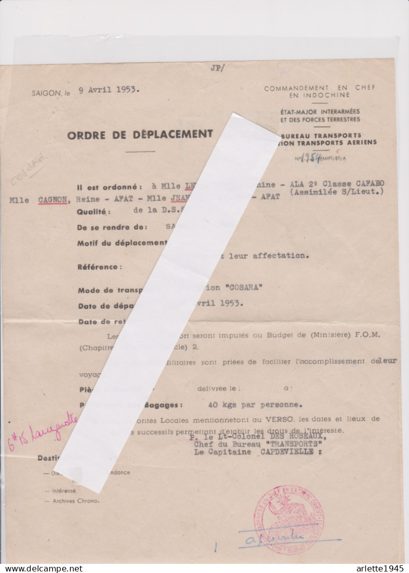 VIETNAM ORDRE DE DEPLACEMENT INFIRMIERE DE SAIGON A HUE 1953 - Documentos