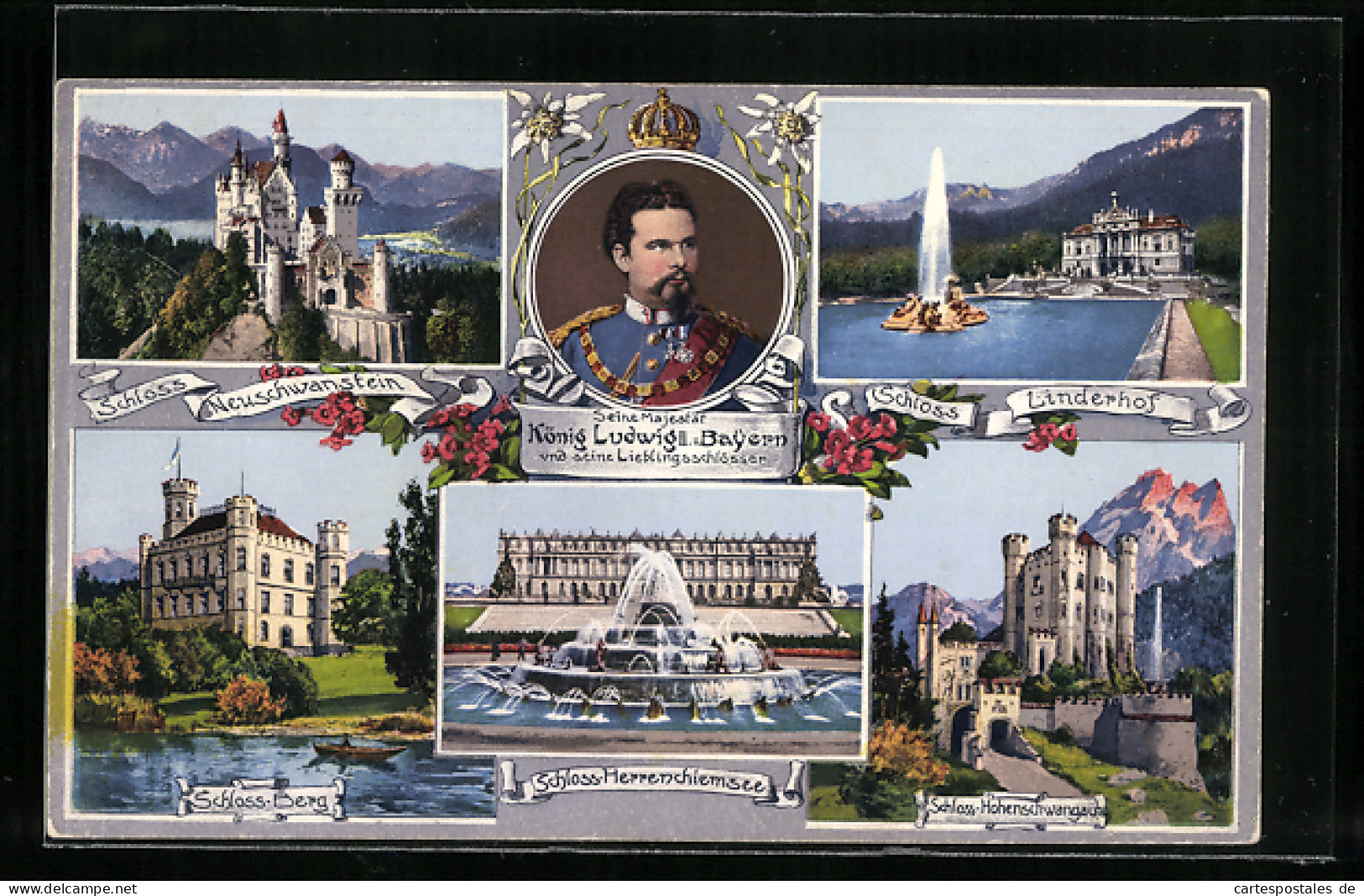 AK König Ludwig II., Schloss Neuschwanstein, Schloss Berg, Schloss Hohenschwangau  - Königshäuser