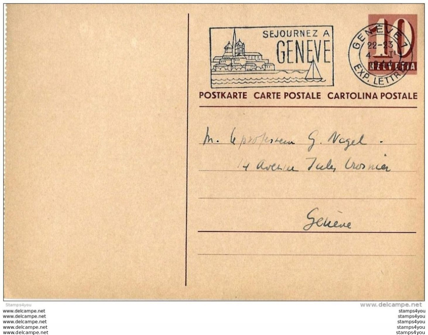 32 - 15 - Entier Postal Avec Superbe Oblit Mécanique Genvève 1944 - Postwaardestukken