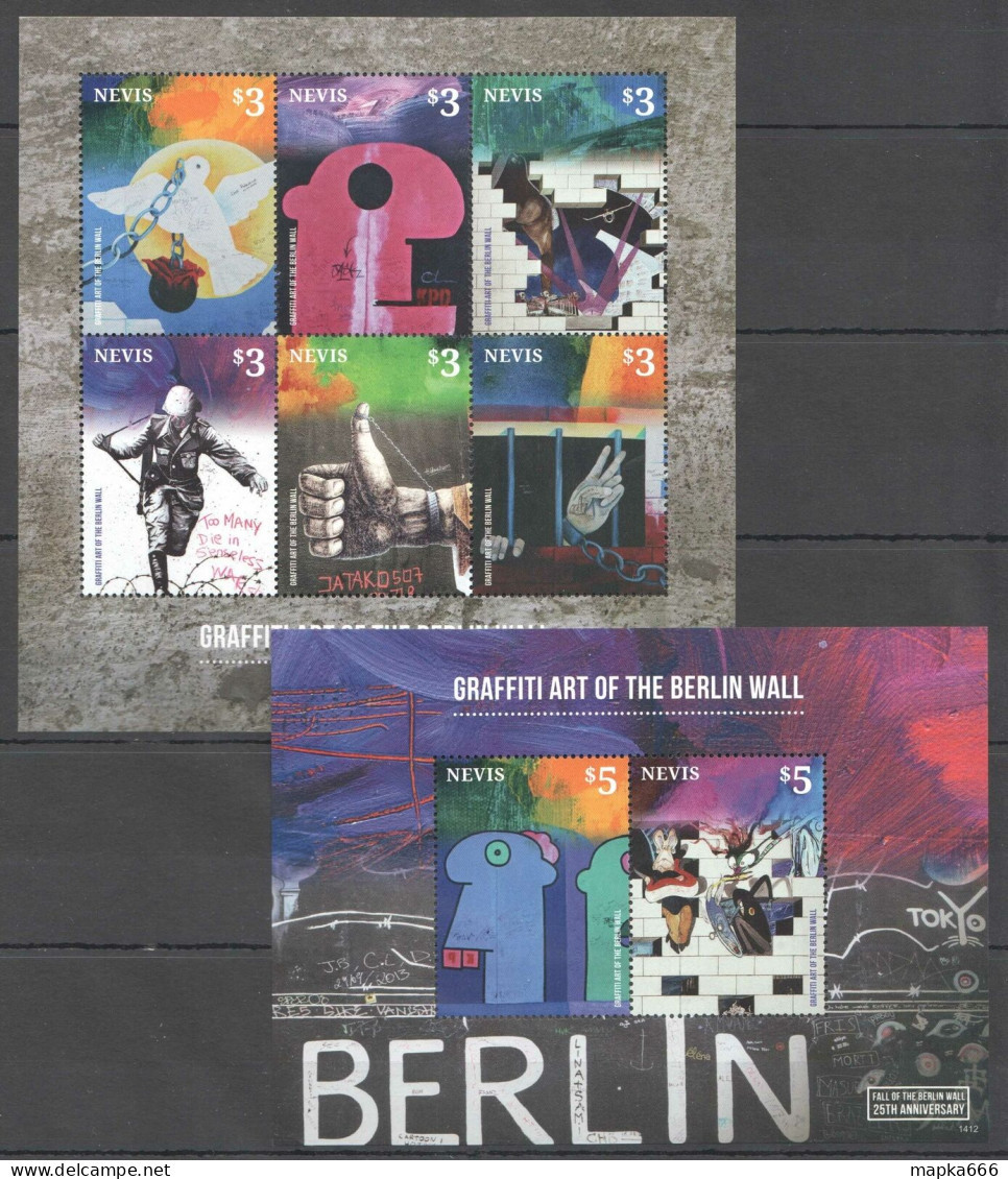 Pm041 2014 Nevis Art Graffiti Of Berlin Wall #2899-04 Kb+Bl Mnh - Sonstige & Ohne Zuordnung